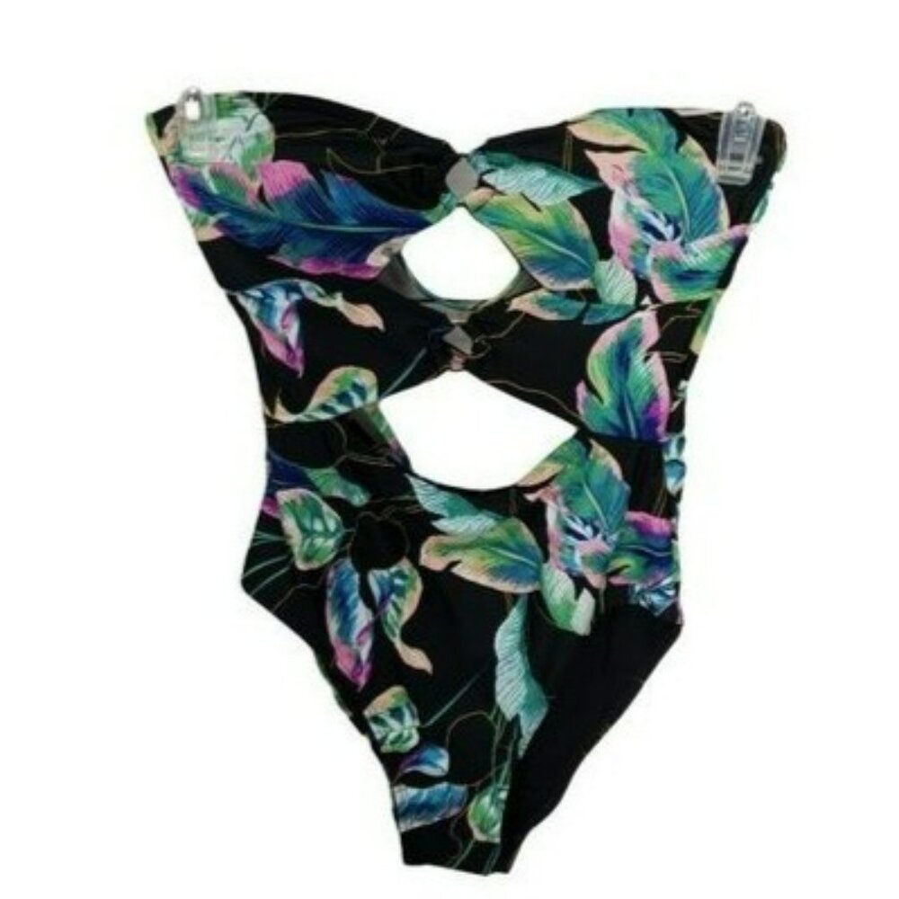 Hula Honey‎ Black Strapless One-Piece Swimsuit With Twisted Palm Print Cutout M